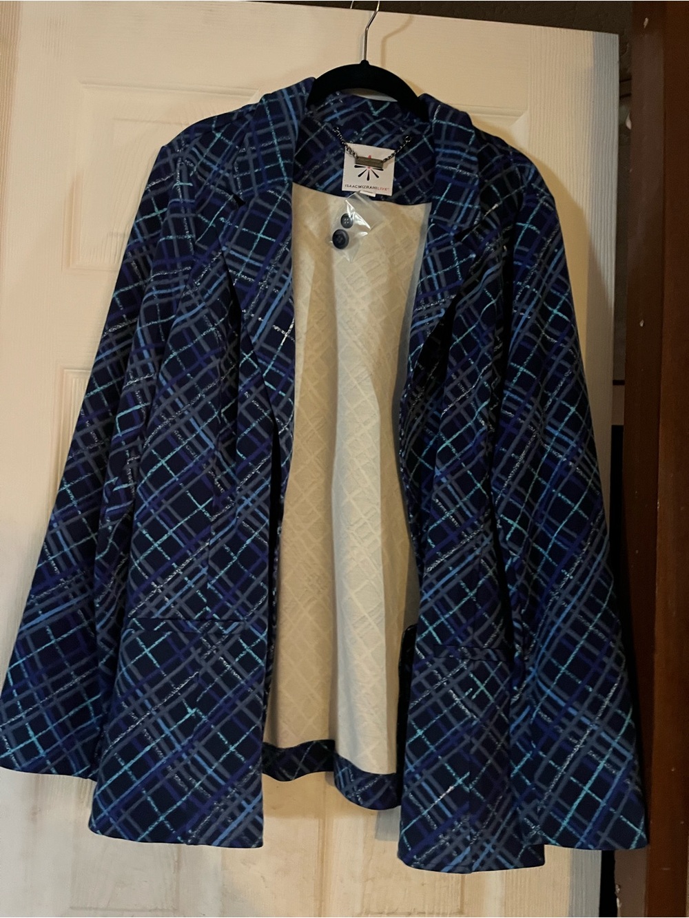 Isaac Mizrahi Navy and Blue Plaid Trench Coat